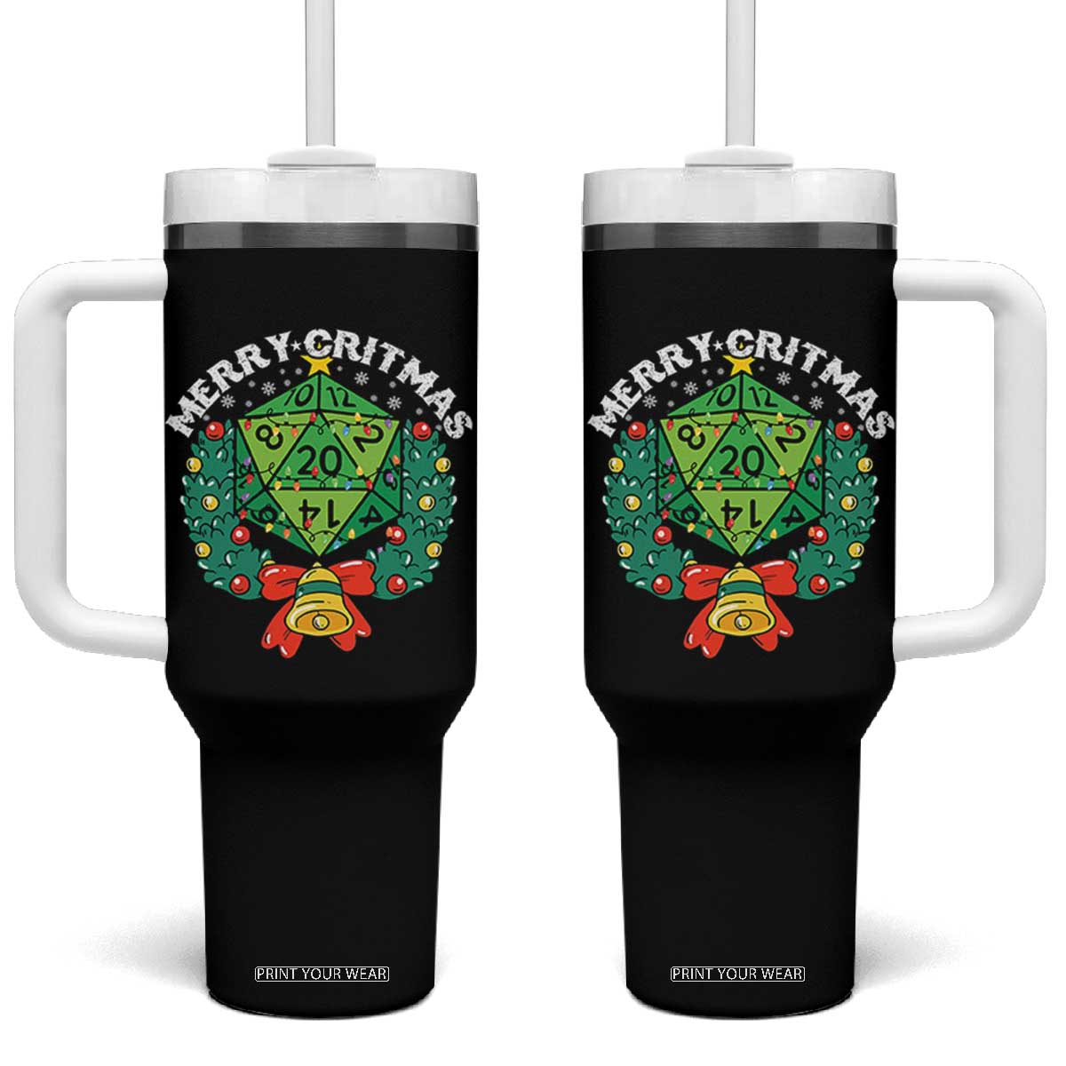 Funny Christmas RPG Tumbler With Handle Merry Critmas D20 RPG Gamer Dice Gaming Xmas TS11 One Size: 40 oz Black Print Your Wear