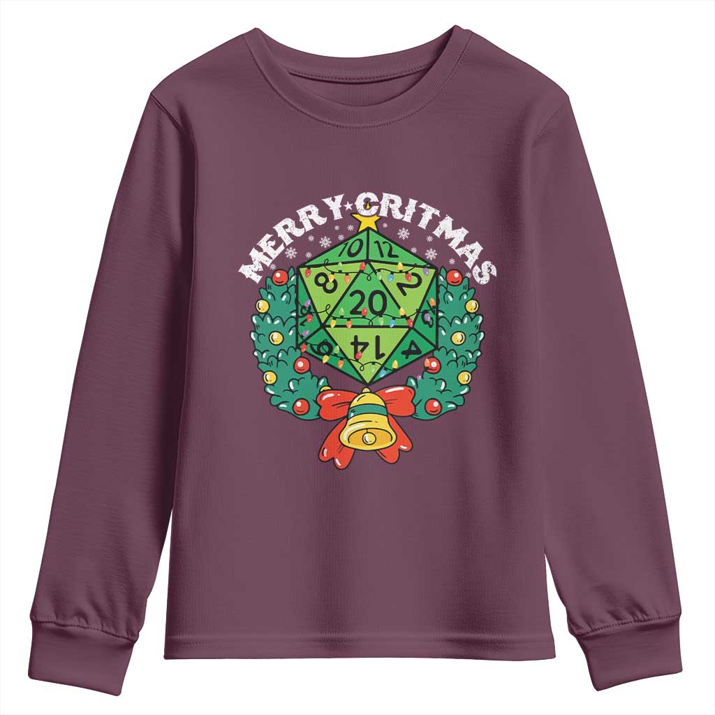 Funny Christmas RPG Youth Sweatshirt Merry Critmas D20 RPG Gamer Dice Gaming Xmas TS11 Maroon Print Your Wear