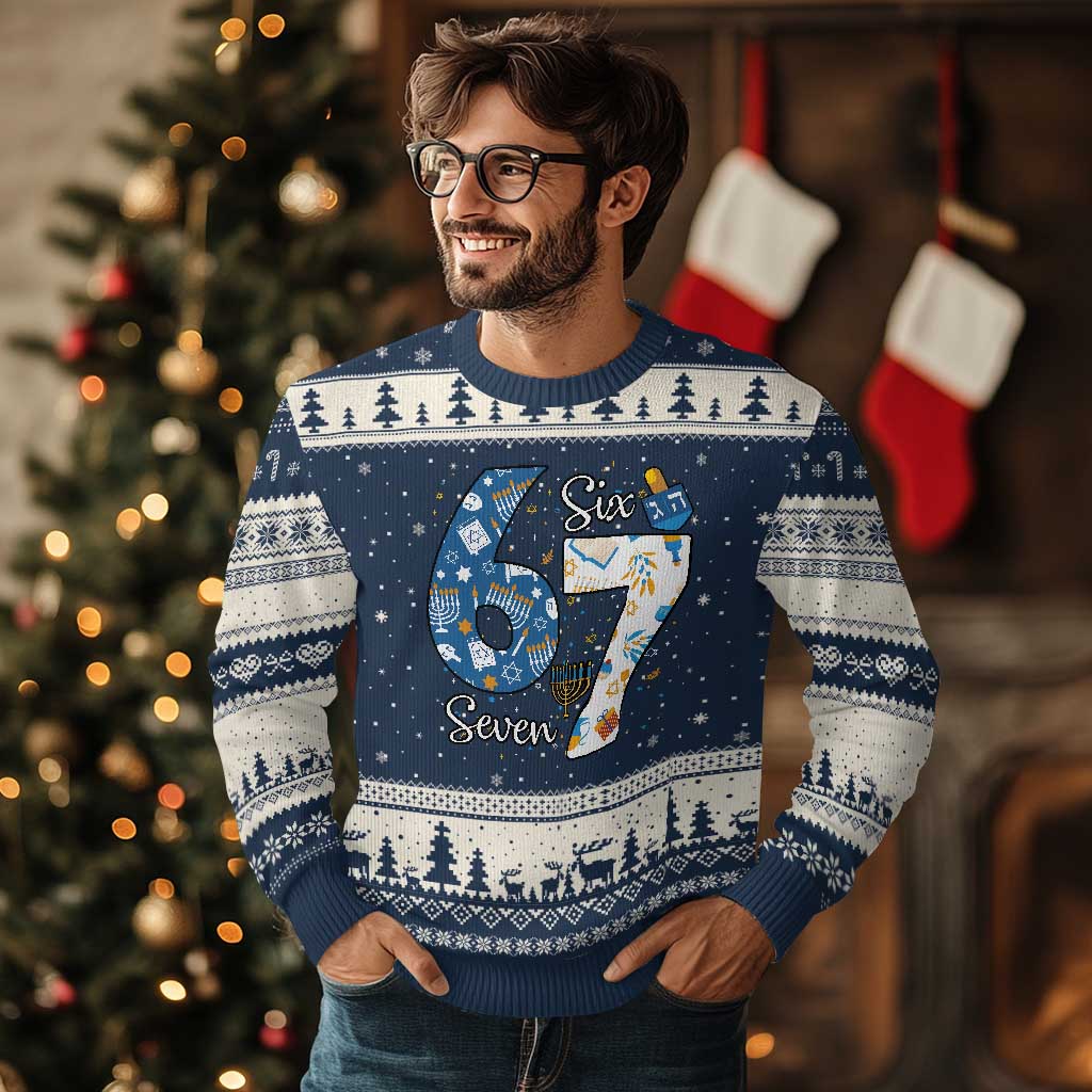 Funny 67 Hanukkah Ugly Christmas Sweater Chanukah Menorah Dreidel Six Seven Meme TS11 Navy Beige Print Your Wear