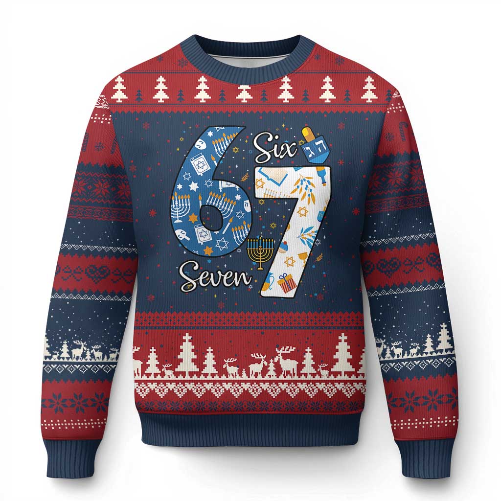 Funny 67 Hanukkah Ugly Christmas Sweater Chanukah Menorah Dreidel Six Seven Meme TS11 Navy Red Print Your Wear