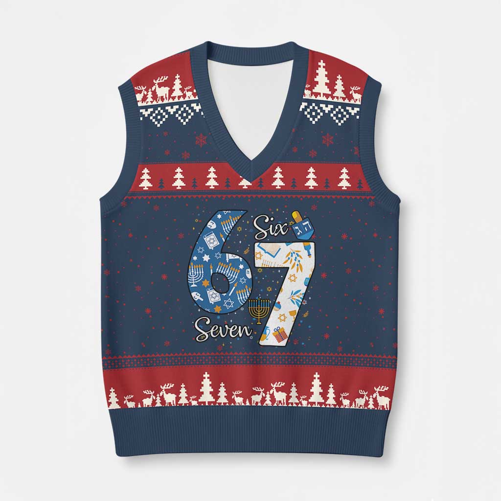 Funny 67 Hanukkah V-Neck Knit Sweater Vest Chanukah Menorah Dreidel Six Seven Meme TS11 Navy Red Print Your Wear