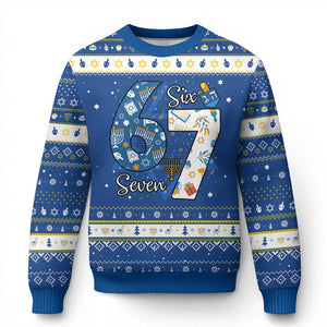 Funny 67 Chanukah Hanukkah Ugly Sweater Menorah Dreidel Six Seven Meme TS11 Blue White Print Your Wear