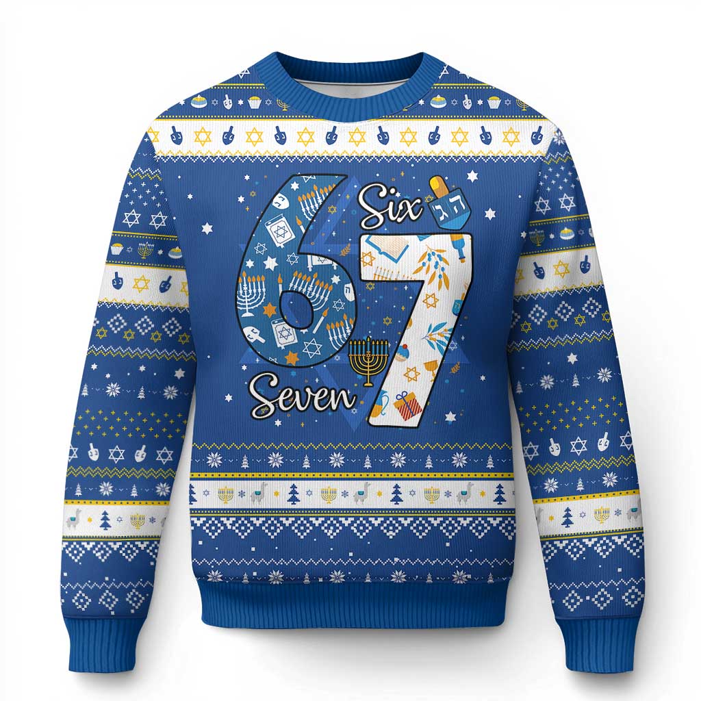 Funny 67 Chanukah Hanukkah Ugly Sweater Menorah Dreidel Six Seven Meme TS11 Blue White Print Your Wear