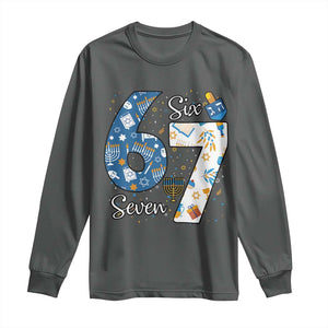 Funny 67 Hanukkah Long Sleeve Shirt Chanukah Menorah Dreidel Six Seven Meme TS11 Dark Heather Print Your Wear