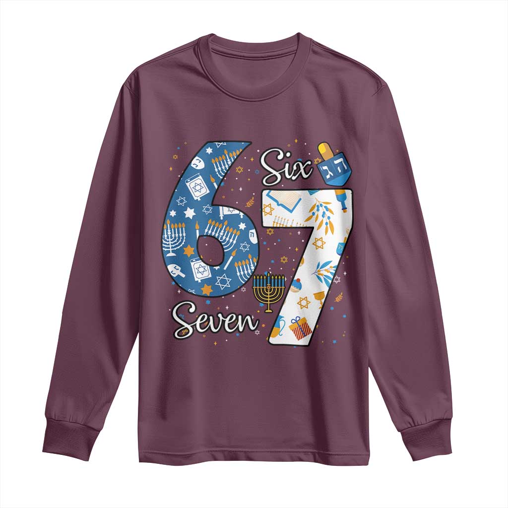 Funny 67 Hanukkah Long Sleeve Shirt Chanukah Menorah Dreidel Six Seven Meme TS11 Maroon Print Your Wear
