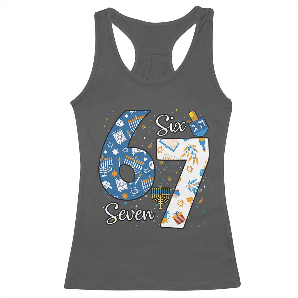 Funny 67 Hanukkah Racerback Tank Top Chanukah Menorah Dreidel Six Seven Meme TS11 Dark Heather Print Your Wear