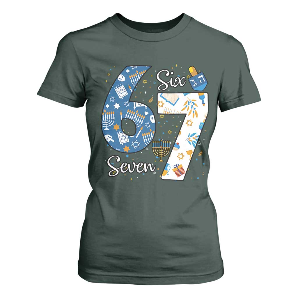 Funny 67 Hanukkah T Shirt For Women Chanukah Menorah Dreidel Six Seven Meme TS11 Dark Forest Green Print Your Wear