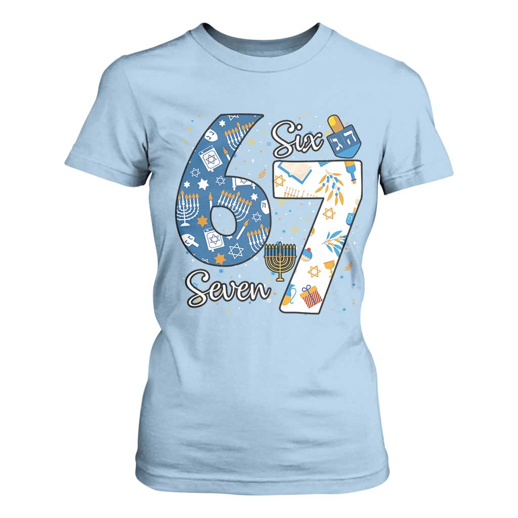 Funny 67 Hanukkah T Shirt For Women Chanukah Menorah Dreidel Six Seven Meme TS11 Light Blue Print Your Wear