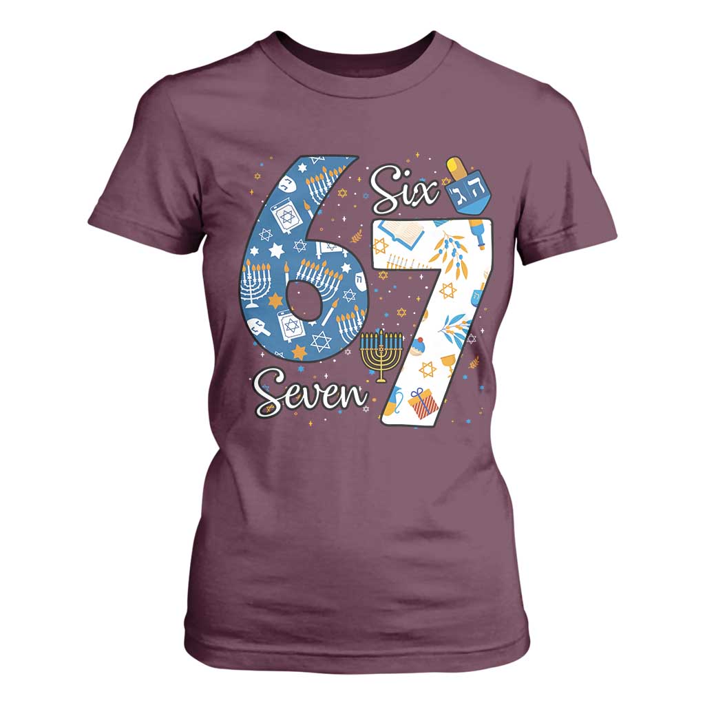 Funny 67 Hanukkah T Shirt For Women Chanukah Menorah Dreidel Six Seven Meme TS11 Maroon Print Your Wear
