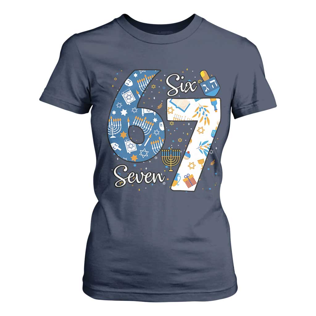 Funny 67 Hanukkah T Shirt For Women Chanukah Menorah Dreidel Six Seven Meme TS11 Navy Print Your Wear