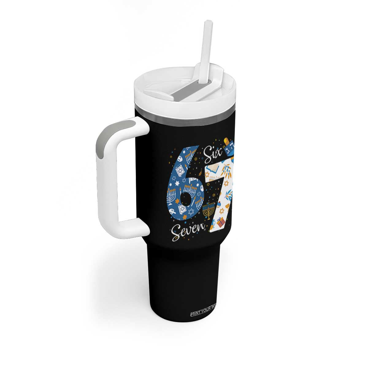 Funny 67 Hanukkah Tumbler With Handle Chanukah Menorah Dreidel Six Seven Meme TS11 Print Your Wear