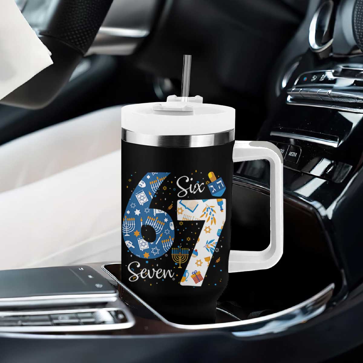 Funny 67 Hanukkah Tumbler With Handle Chanukah Menorah Dreidel Six Seven Meme TS11 Print Your Wear