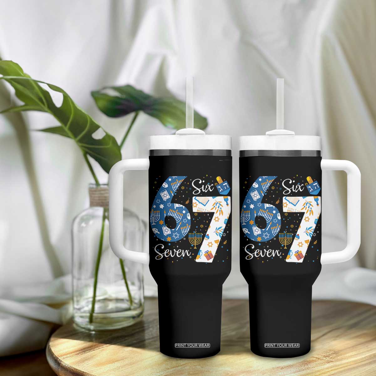 Funny 67 Hanukkah Tumbler With Handle Chanukah Menorah Dreidel Six Seven Meme TS11 Print Your Wear