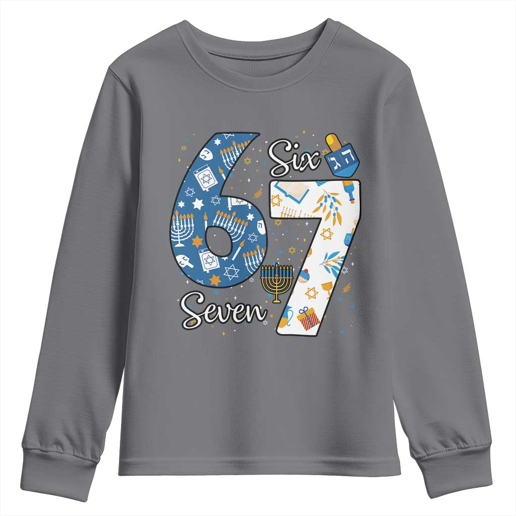 Funny 67 Hanukkah Youth Sweatshirt Chanukah Menorah Dreidel Six Seven Meme TS11 Charcoal Print Your Wear