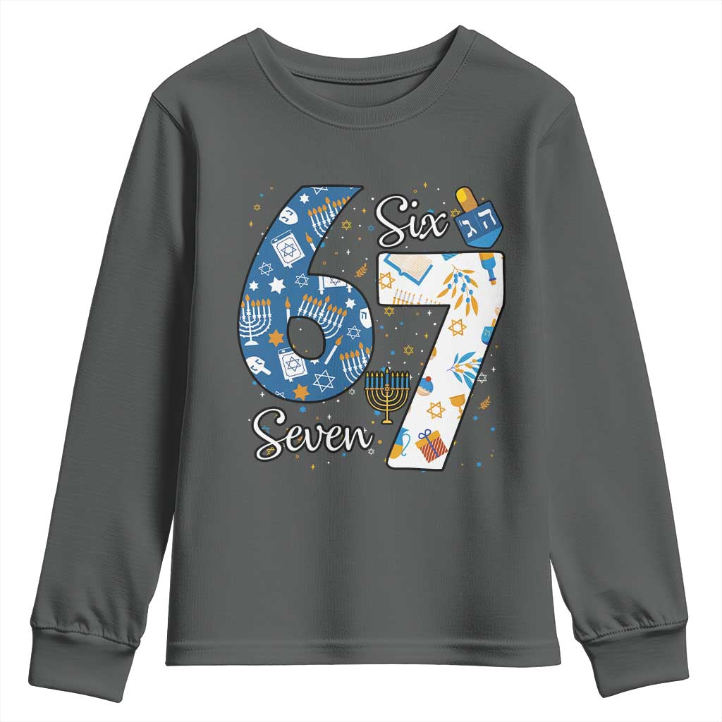 Funny 67 Hanukkah Youth Sweatshirt Chanukah Menorah Dreidel Six Seven Meme TS11 Dark Heather Print Your Wear