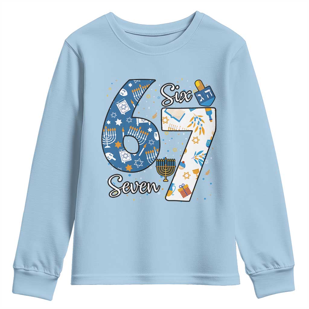 Funny 67 Hanukkah Youth Sweatshirt Chanukah Menorah Dreidel Six Seven Meme TS11 Light Blue Print Your Wear