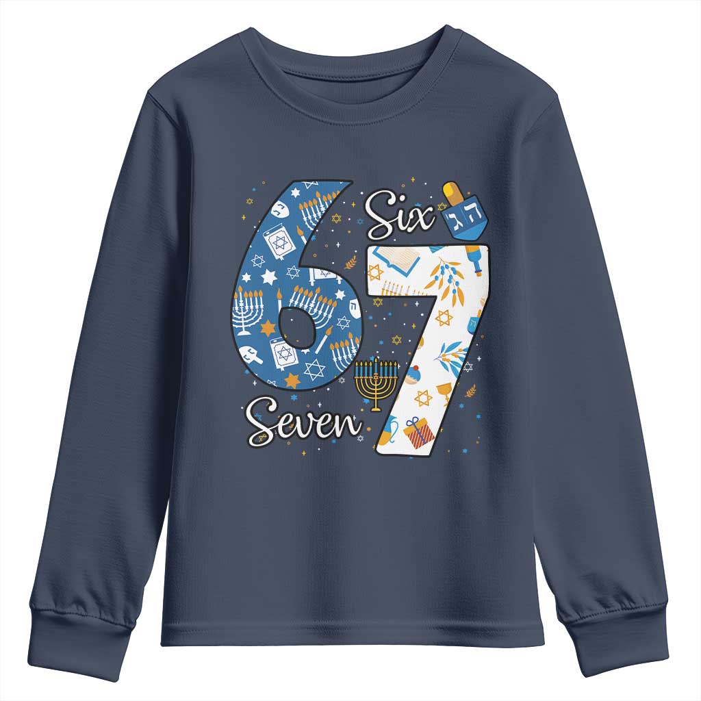 Funny 67 Hanukkah Youth Sweatshirt Chanukah Menorah Dreidel Six Seven Meme TS11 Navy Print Your Wear
