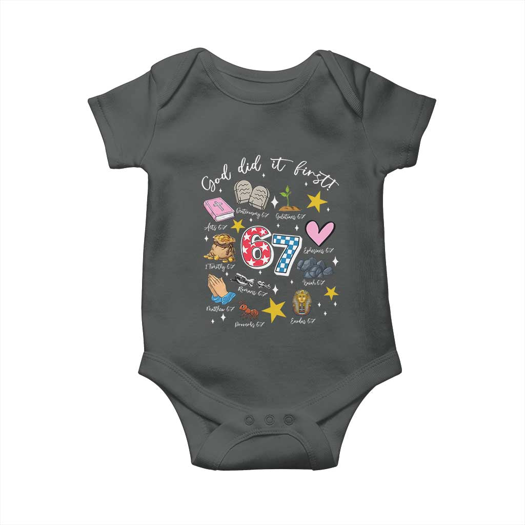 Funny 67 Christian Baby Onesie God Did It First Six Seven Meme Bible Verses TS11 Dark Heather Print Your Wear