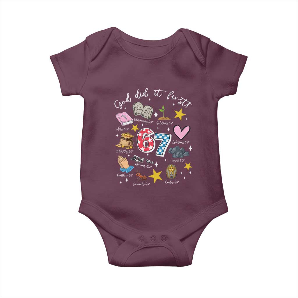 Funny 67 Christian Baby Onesie God Did It First Six Seven Meme Bible Verses TS11 Maroon Print Your Wear