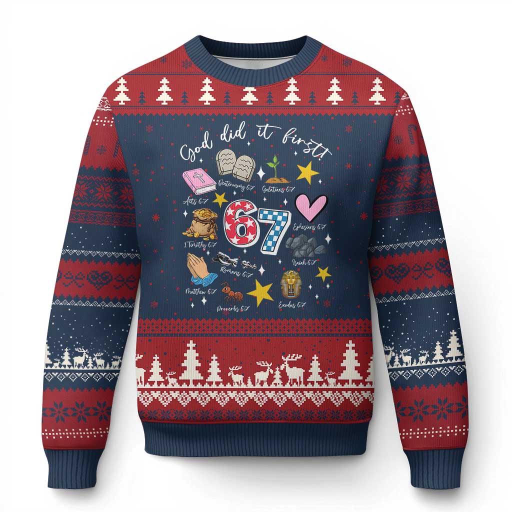 Funny 67 Christian Ugly Christmas Sweater God Did It First Six Seven Meme Bible Verses TS11 Navy Red Print Your Wear