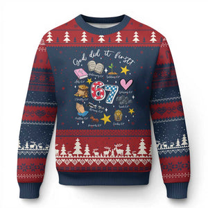 Funny 67 Christian Ugly Christmas Sweater God Did It First Six Seven Meme Bible Verses TS11 Navy Red Print Your Wear