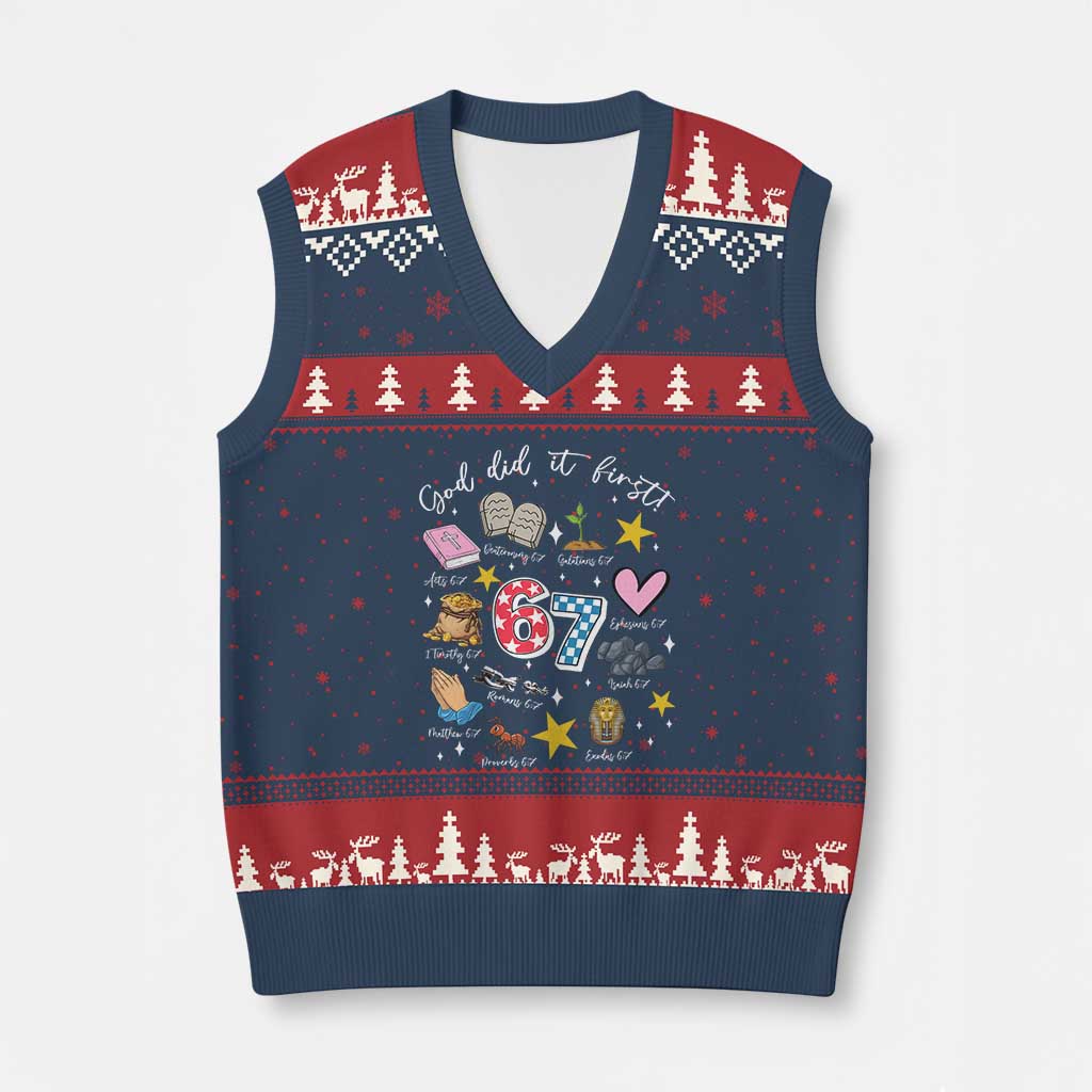 Funny 67 Christian V-Neck Knit Sweater Vest God Did It First Six Seven Meme Bible Verses TS11 Navy Red Print Your Wear