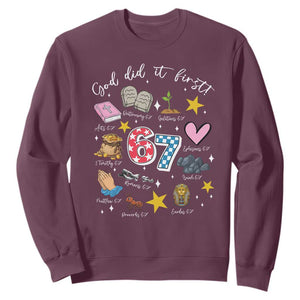 Funny 67 Christian Sweatshirt God Did It First Six Seven Meme Bible Verses TS11 Maroon Print Your Wear