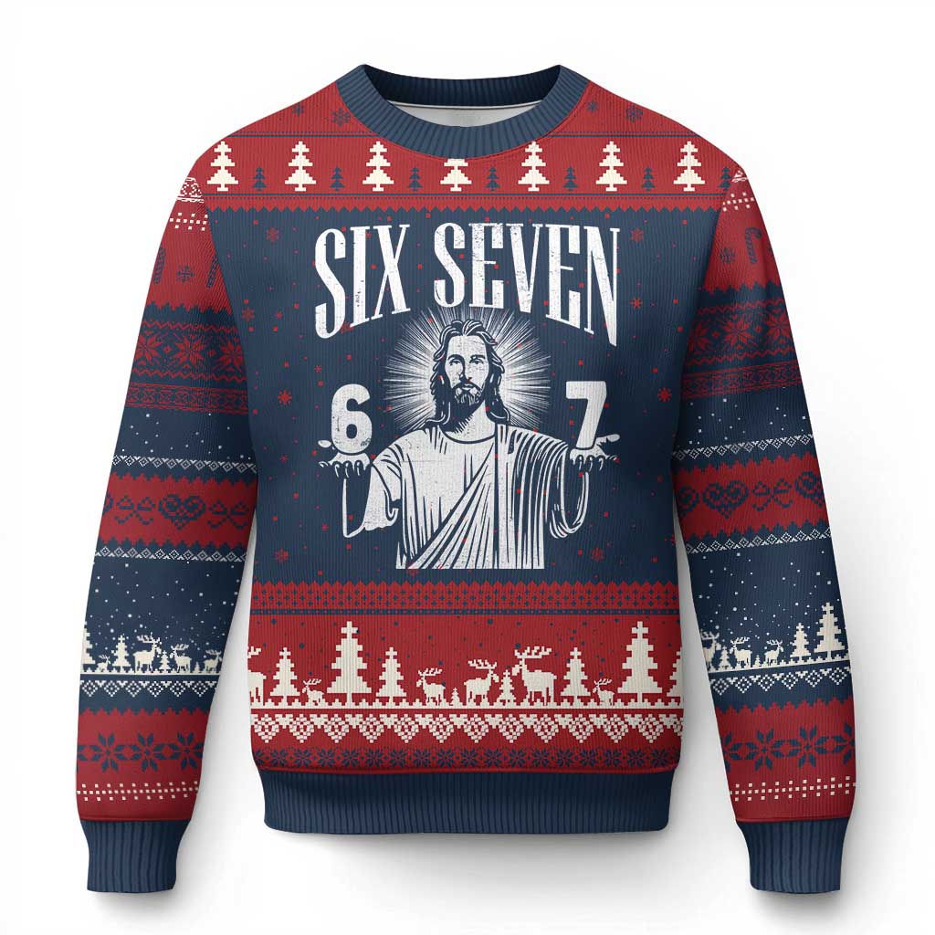 Funny Jesus 67 Ugly Christmas Sweater God Six Seven Meme Religious Christian TS11 Navy Red Print Your Wear