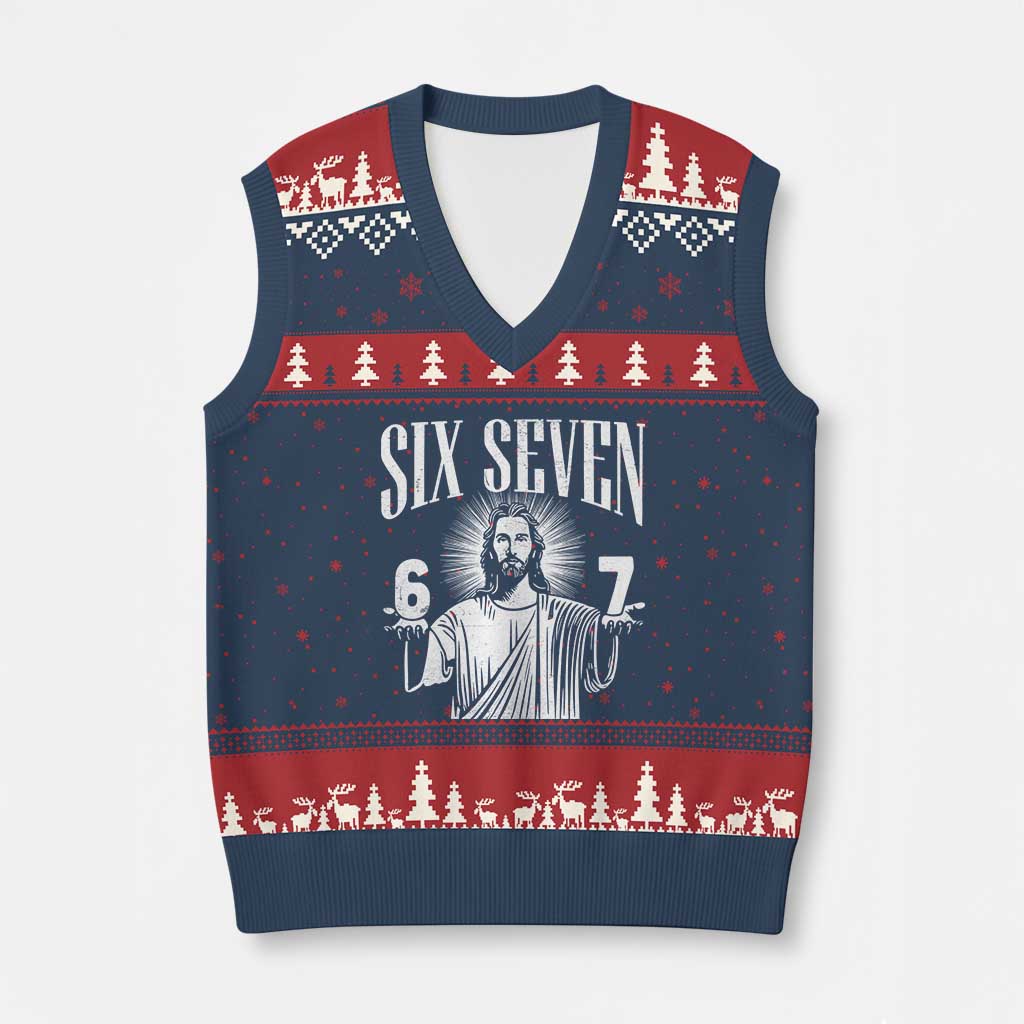 Funny Jesus 67 V-Neck Knit Sweater Vest God Six Seven Meme Religious Christian TS11 Navy Red Print Your Wear