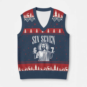 Funny Jesus 67 V-Neck Knit Sweater Vest God Six Seven Meme Religious Christian TS11 Navy Red Print Your Wear