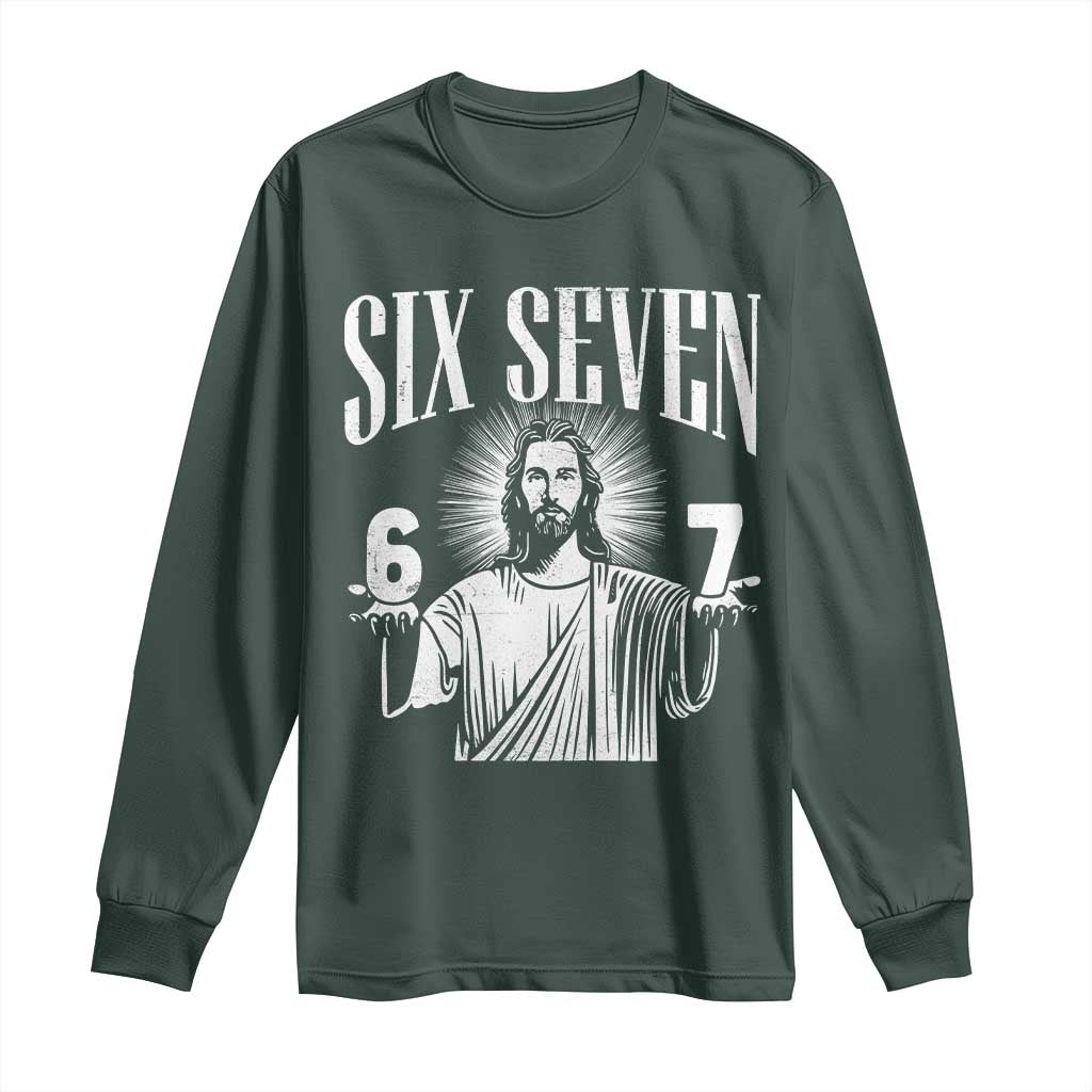 Funny Jesus 67 Long Sleeve Shirt God Six Seven Meme Religious Christian TS11 Dark Forest Green Print Your Wear