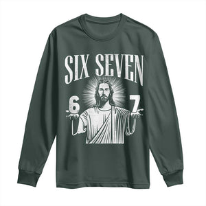 Funny Jesus 67 Long Sleeve Shirt God Six Seven Meme Religious Christian TS11 Dark Forest Green Print Your Wear
