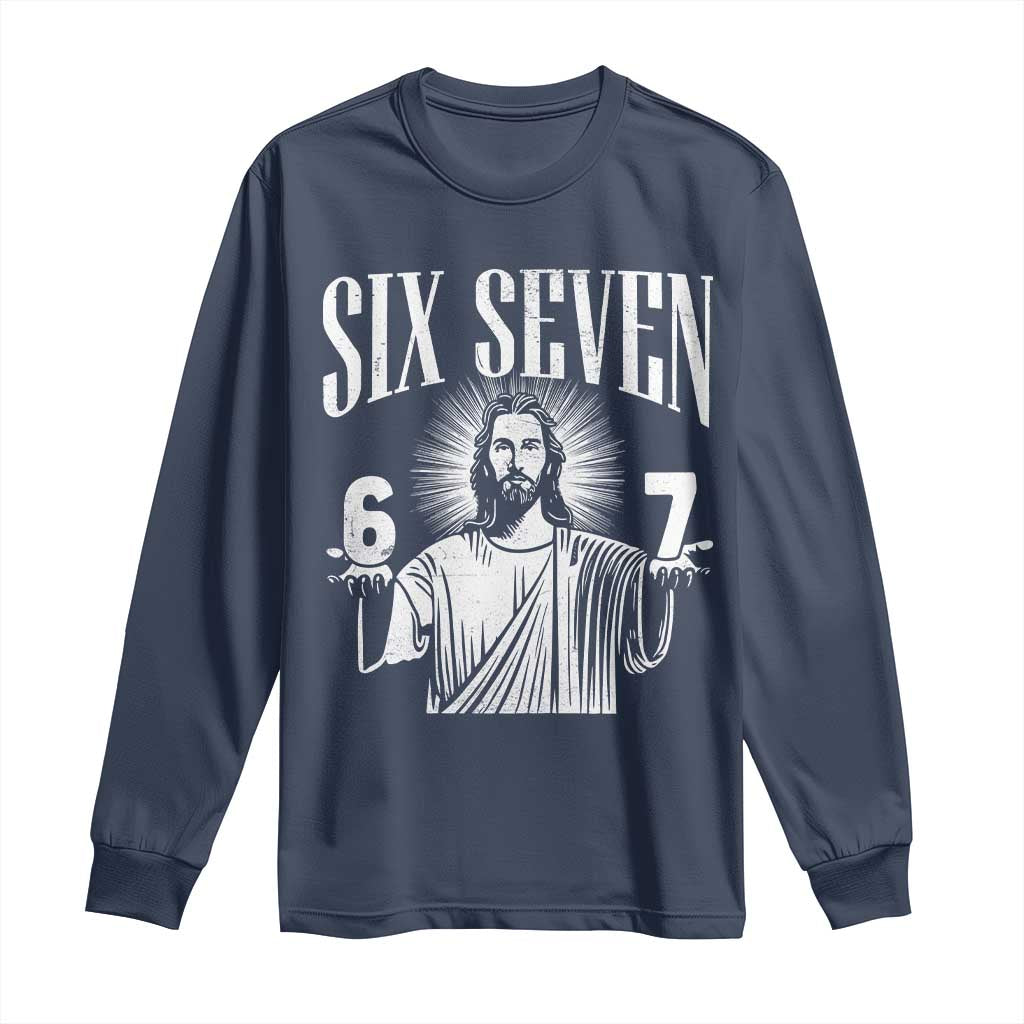 Funny Jesus 67 Long Sleeve Shirt God Six Seven Meme Religious Christian TS11 Navy Print Your Wear