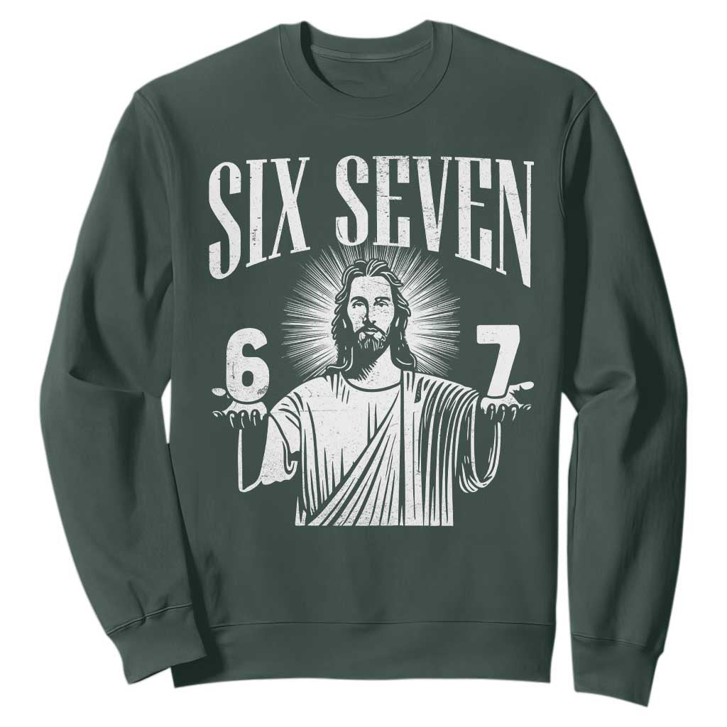 Funny Jesus 67 Sweatshirt God Six Seven Meme Religious Christian TS11 Dark Forest Green Print Your Wear