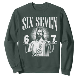 Funny Jesus 67 Sweatshirt God Six Seven Meme Religious Christian TS11 Dark Forest Green Print Your Wear