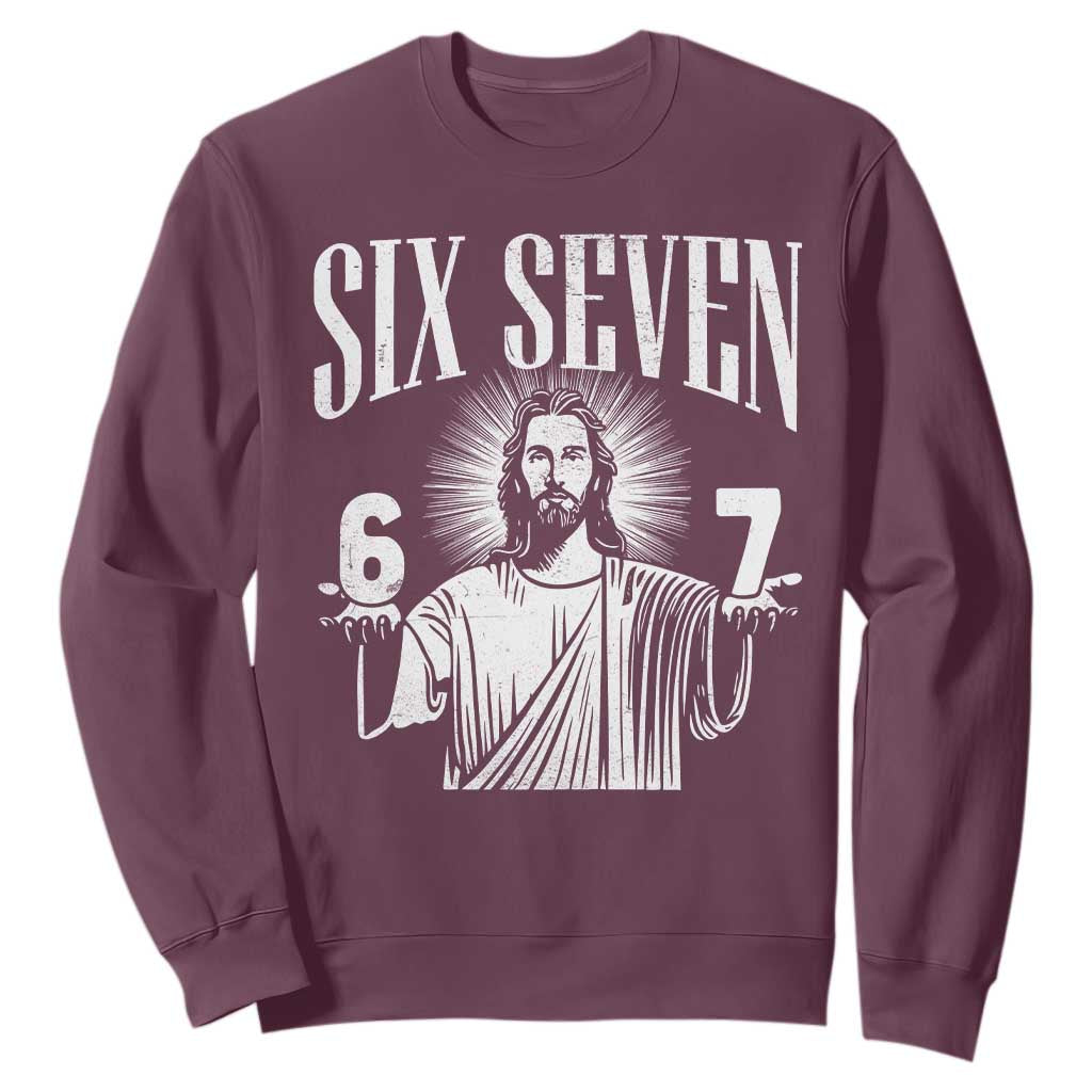 Funny Jesus 67 Sweatshirt God Six Seven Meme Religious Christian TS11 Maroon Print Your Wear