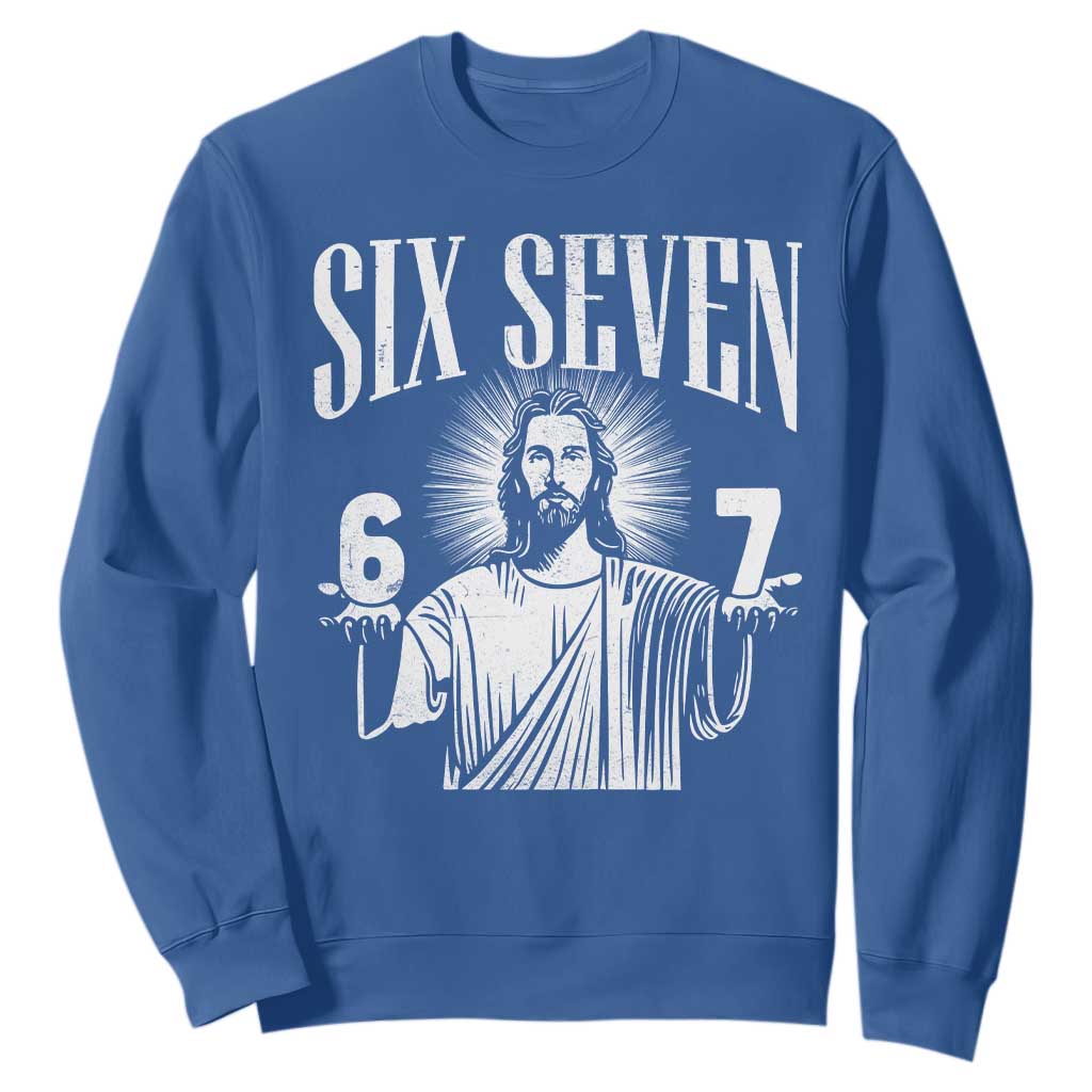 Funny Jesus 67 Sweatshirt God Six Seven Meme Religious Christian TS11 Royal Blue Print Your Wear