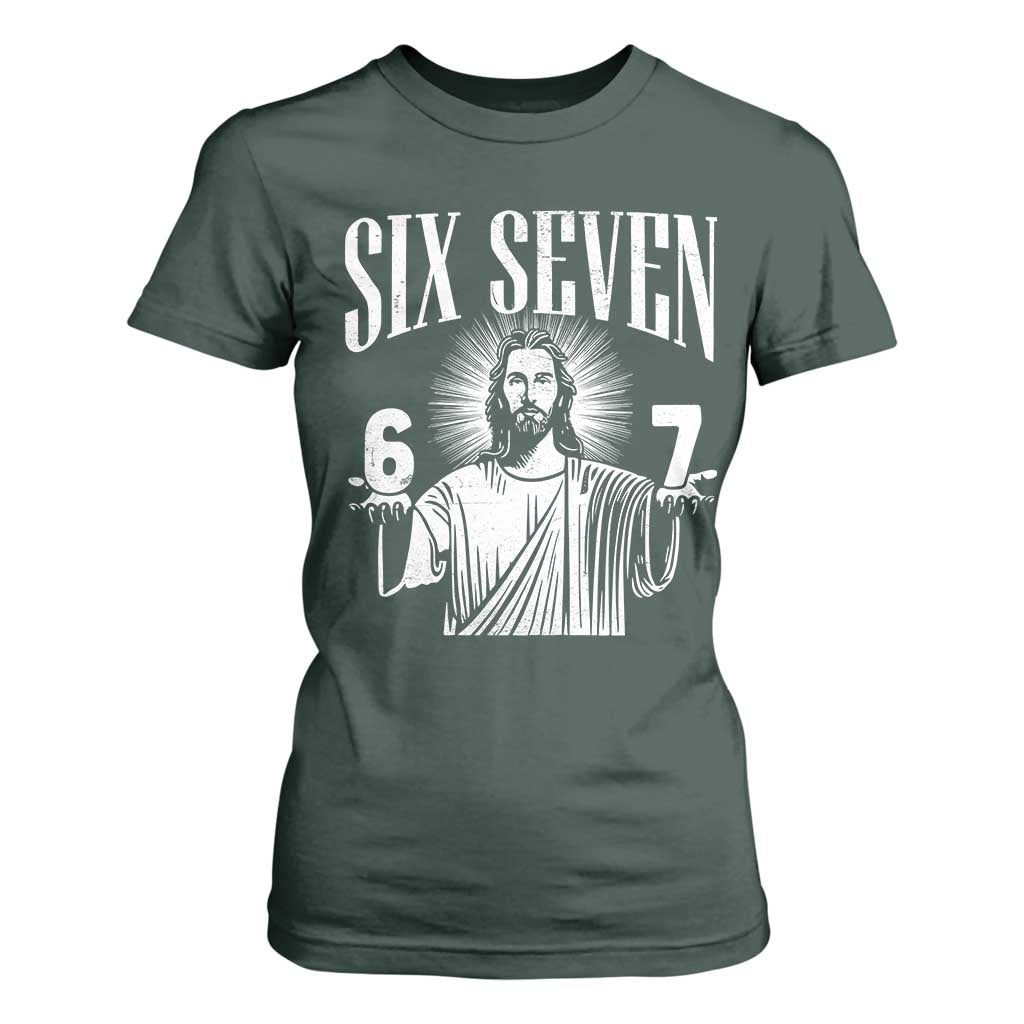 Funny Jesus 67 T Shirt For Women God Six Seven Meme Religious Christian TS11 Dark Forest Green Print Your Wear