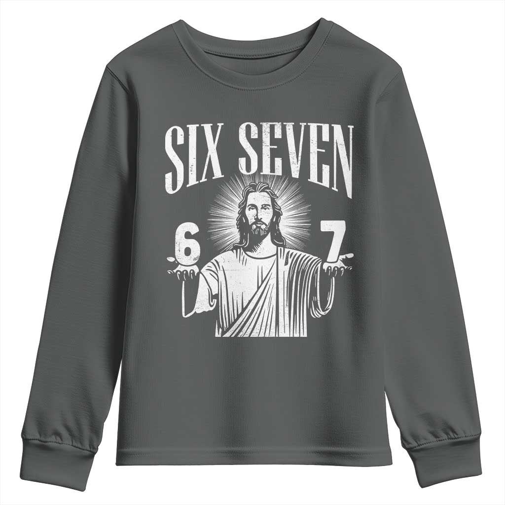 Funny Jesus 67 Youth Sweatshirt God Six Seven Meme Religious Christian TS11 Dark Heather Print Your Wear