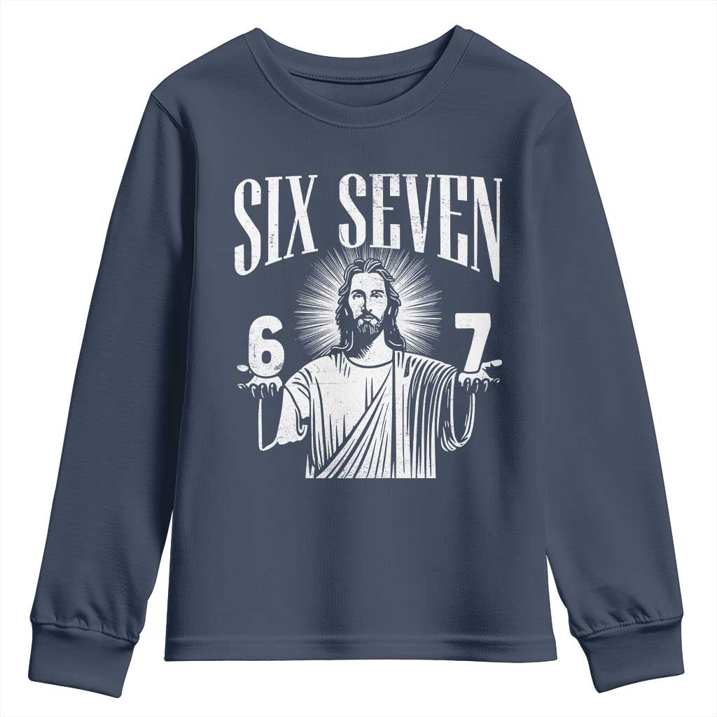 Funny Jesus 67 Youth Sweatshirt God Six Seven Meme Religious Christian TS11 Navy Print Your Wear