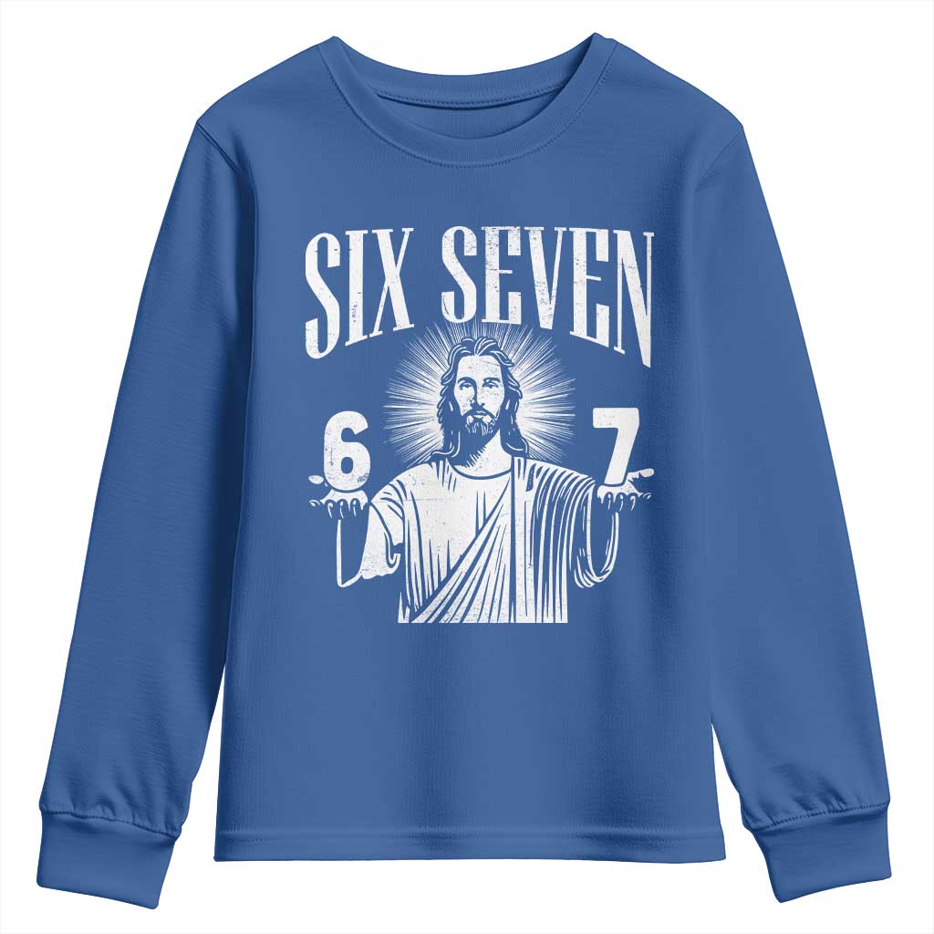 Funny Jesus 67 Youth Sweatshirt God Six Seven Meme Religious Christian TS11 Royal Blue Print Your Wear