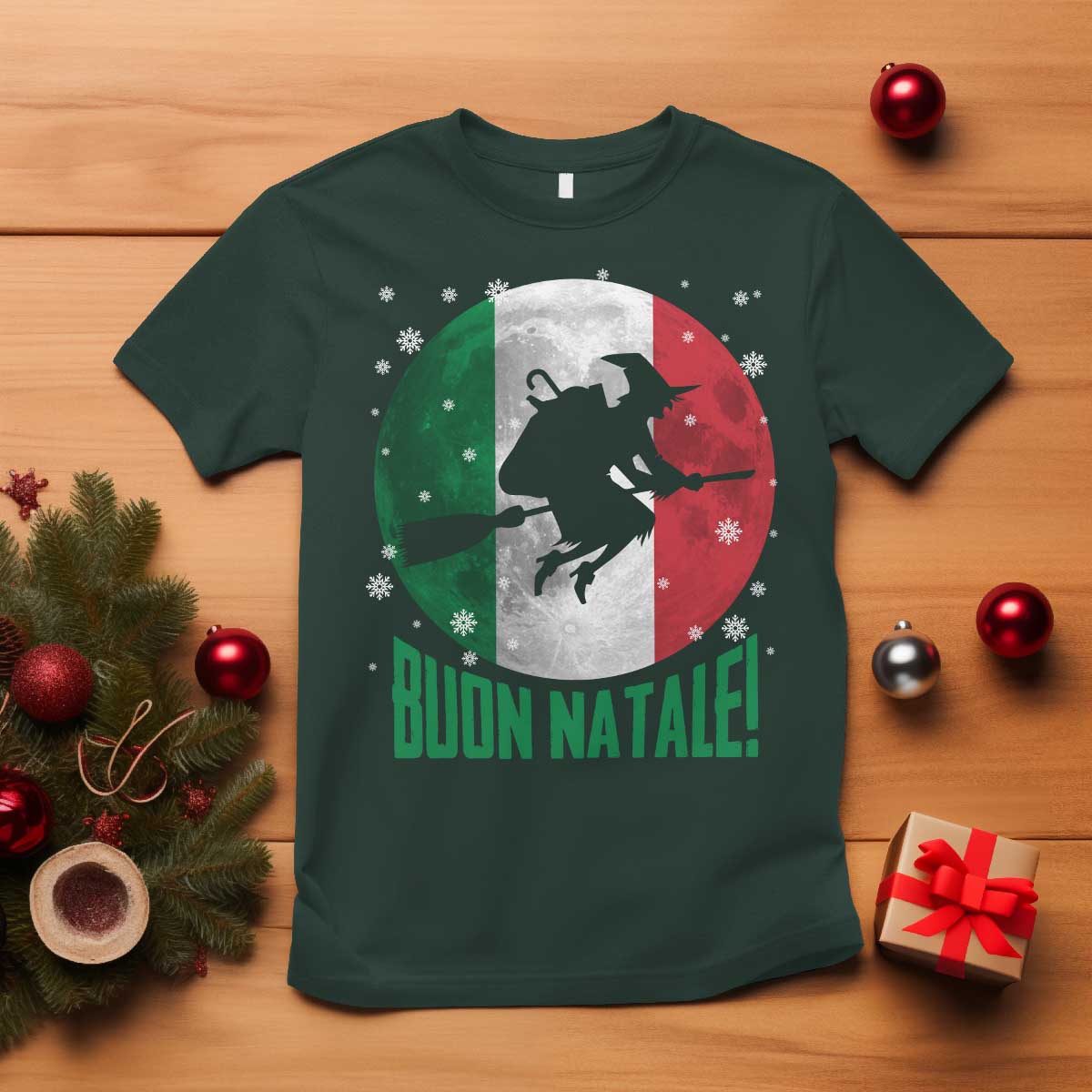 Buon Natale Italian Christmas T Shirt La Befana Italian Folklore Witch TS11 Dark Forest Green Print Your Wear