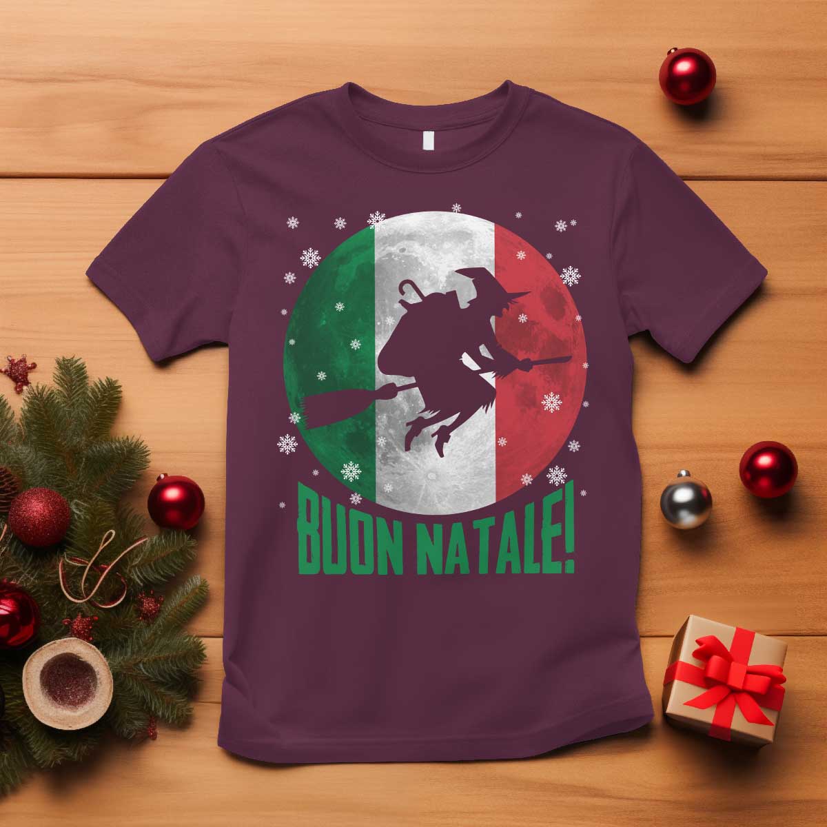 Buon Natale Italian Christmas T Shirt La Befana Italian Folklore Witch TS11 Maroon Print Your Wear