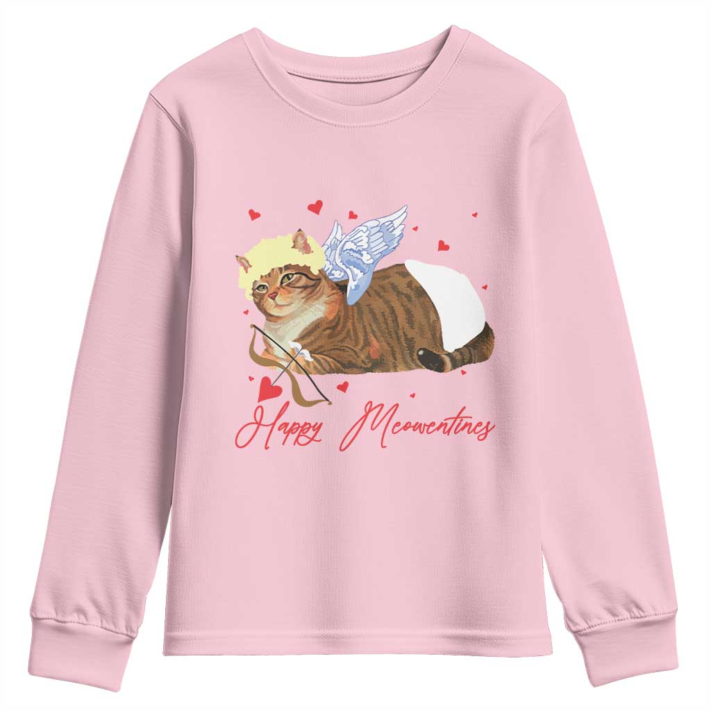 Funny Valentine's Day Cupid Cat Youth Sweatshirt Happy Meowentines TS11 Light Pink Print Your Wear