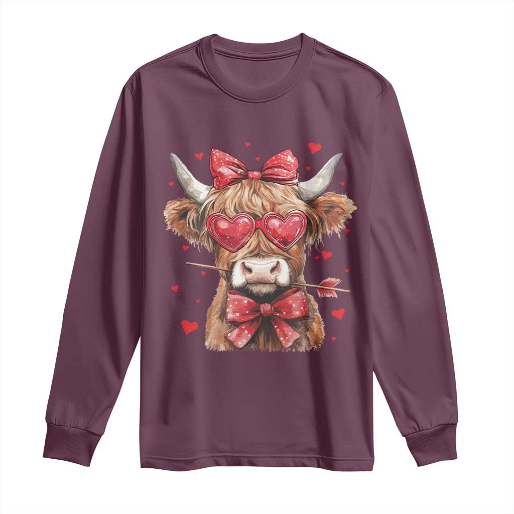 Funny Western Highland Cow Farm Valentine Long Sleeve Shirt TS11 Maroon Print Your Wear
