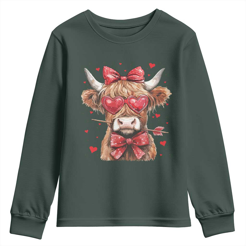Funny Western Highland Cow Farm Valentine Youth Sweatshirt TS11 Dark Forest Green Print Your Wear