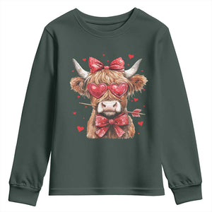 Funny Western Highland Cow Farm Valentine Youth Sweatshirt TS11 Dark Forest Green Print Your Wear