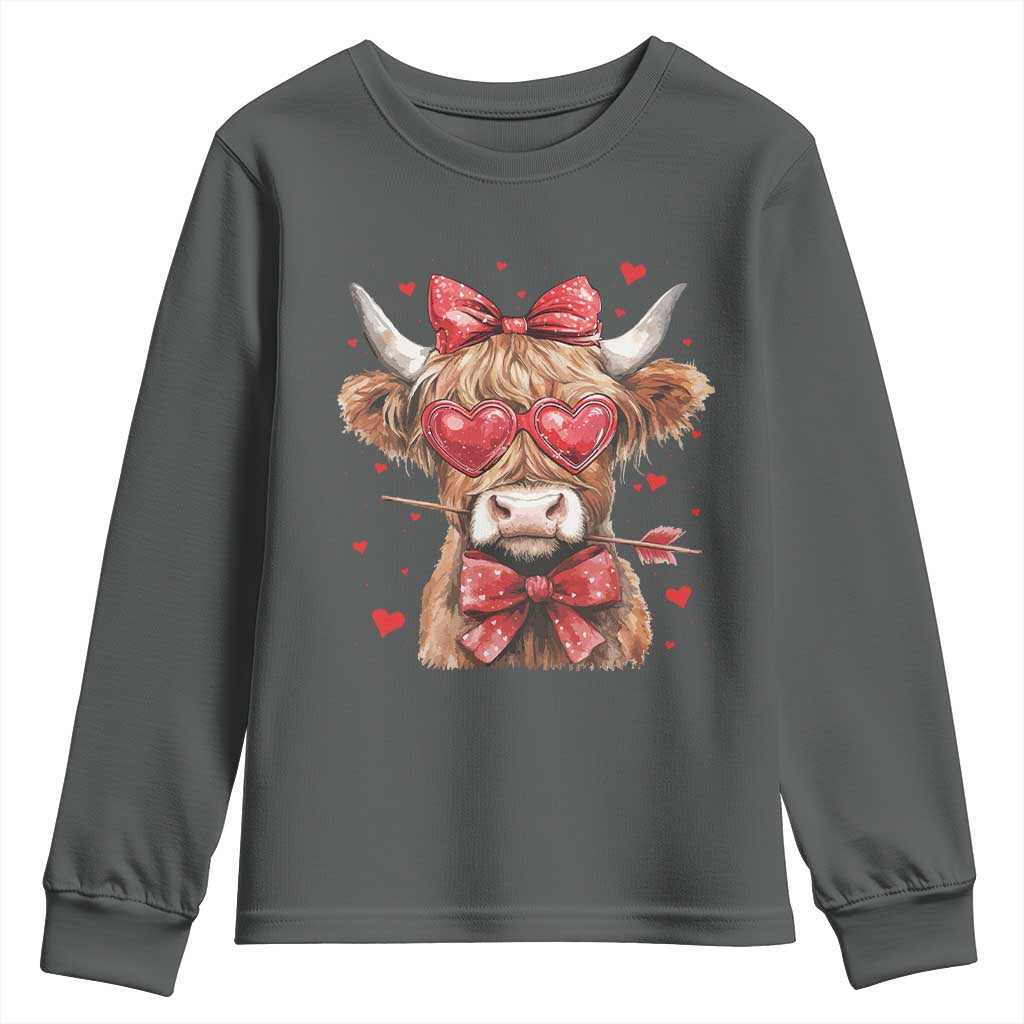 Funny Western Highland Cow Farm Valentine Youth Sweatshirt TS11 Dark Heather Print Your Wear