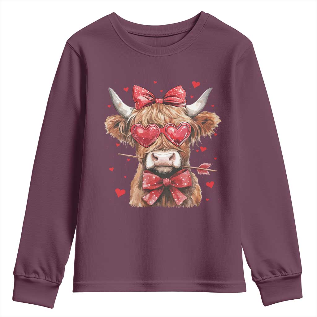 Funny Western Highland Cow Farm Valentine Youth Sweatshirt TS11 Maroon Print Your Wear