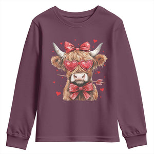 Funny Western Highland Cow Farm Valentine Youth Sweatshirt TS11 Maroon Print Your Wear